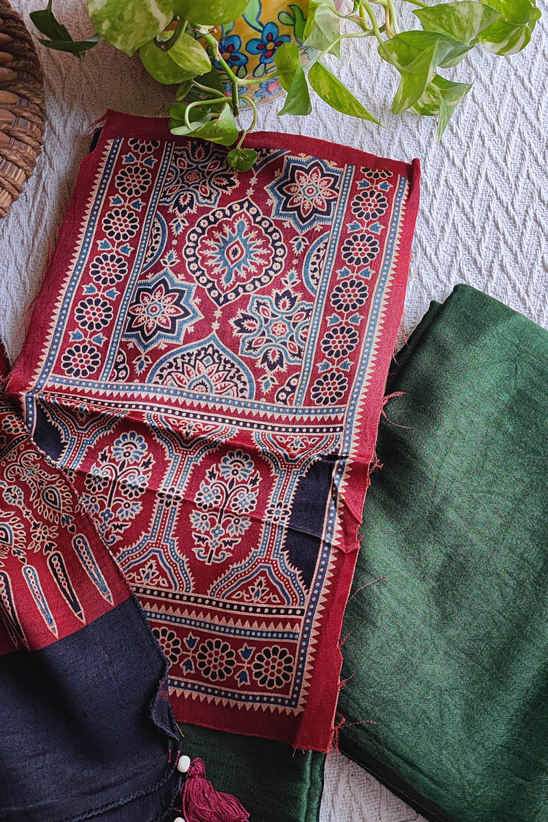 Maroon Ajrakh Gajji Silk Unstitched Suit Material with Green Bottom