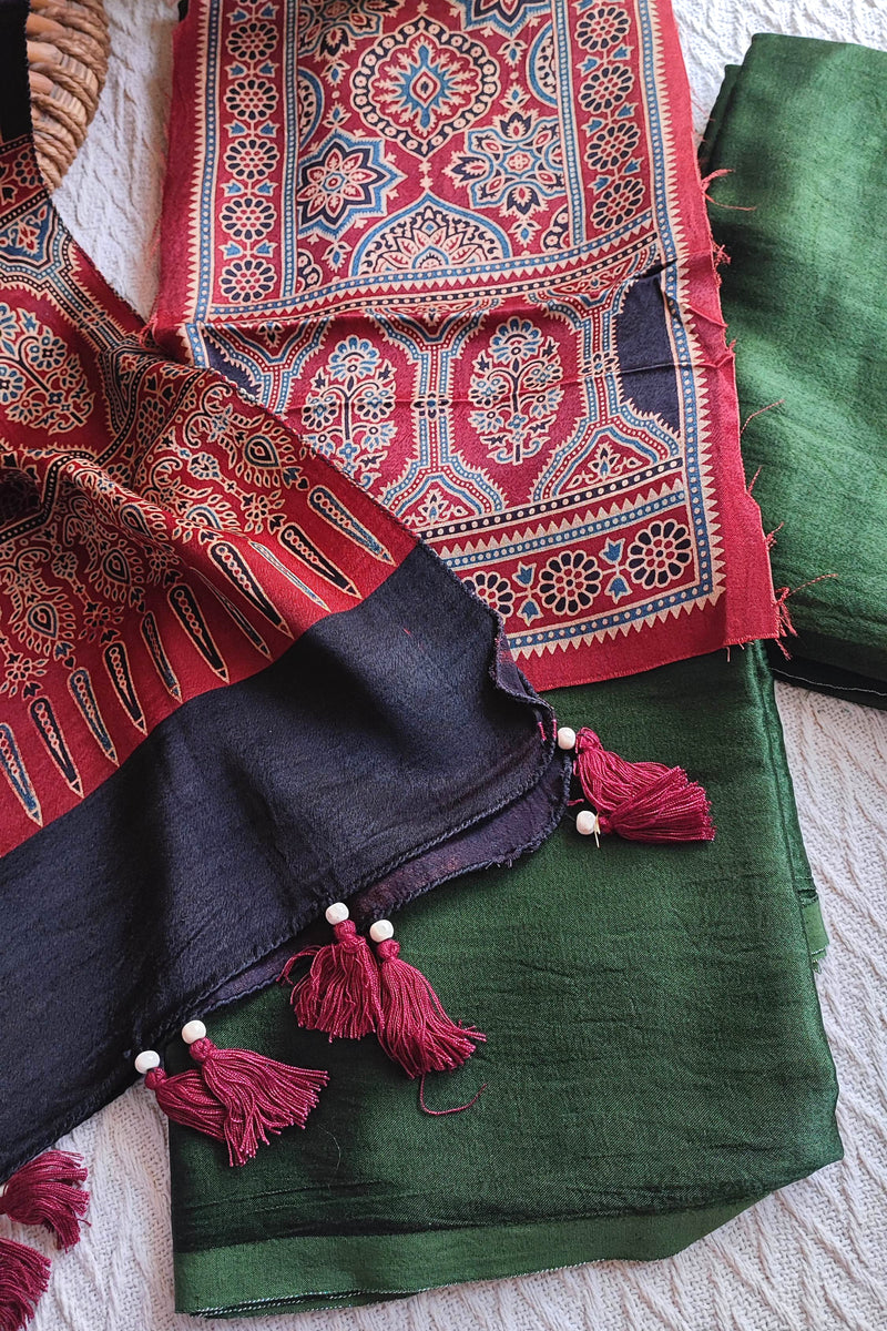Maroon Ajrakh Gajji Silk Unstitched Suit Material with Green Bottom