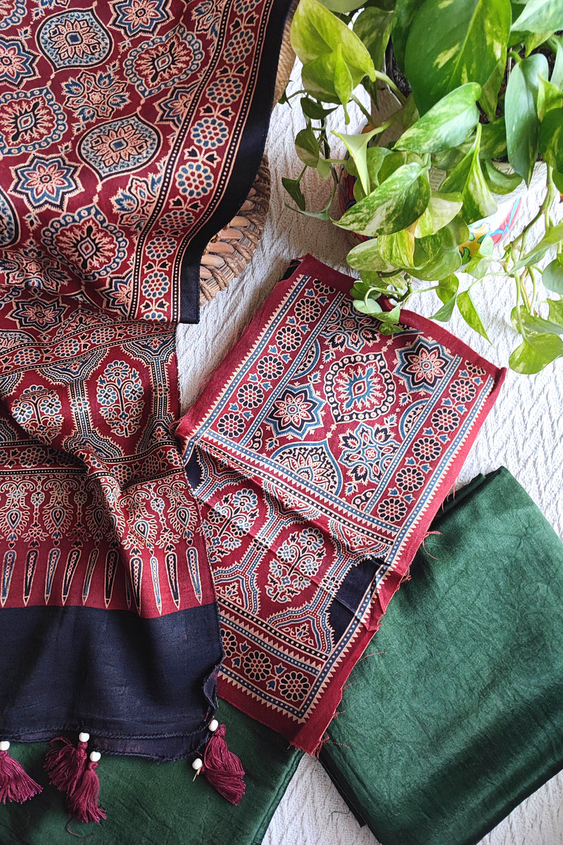 Maroon Ajrakh Gajji Silk Unstitched Suit Material with Green Bottom