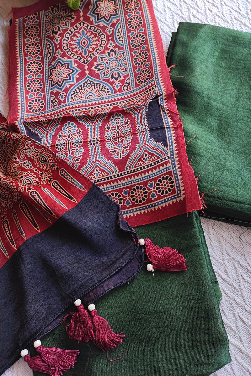 Maroon Ajrakh Gajji Silk Unstitched Suit Material with Green Bottom