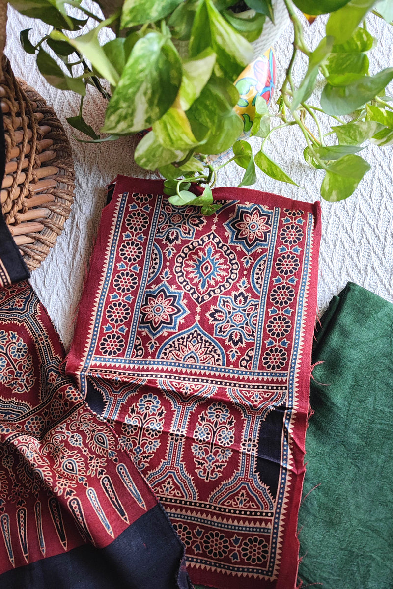 Maroon Ajrakh Gajji Silk Unstitched Suit Material with Green Bottom