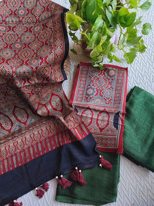 Maroon Ajrakh Gajji Silk Unstitched Suit Material with Green Bottom