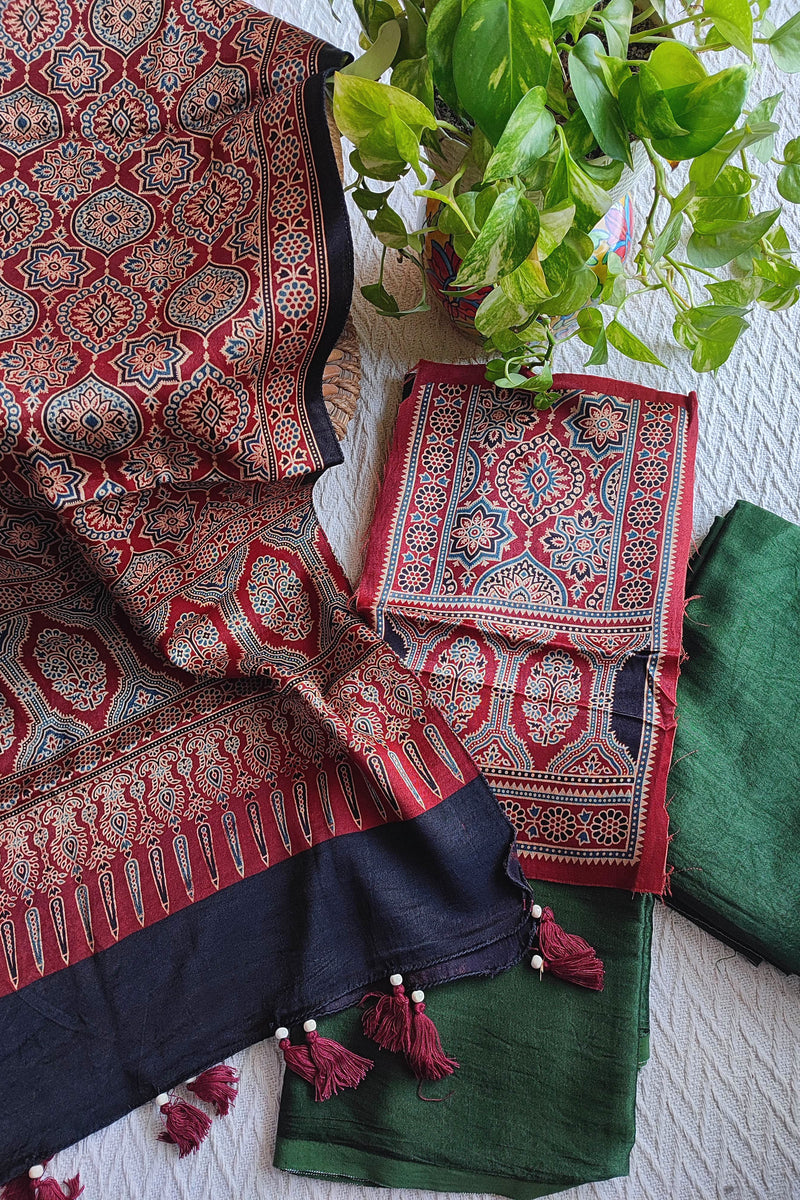 Maroon Ajrakh Gajji Silk Unstitched Suit Material with Green Bottom