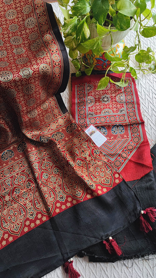 Maroon Ajrakh Print Gajji Silk Unstitched Suit Material with Black Dupatta