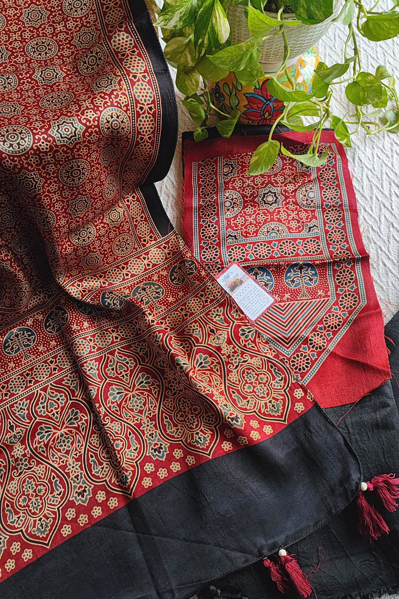 Maroon Ajrakh Print Gajji Silk Unstitched Suit Material with Black Dupatta