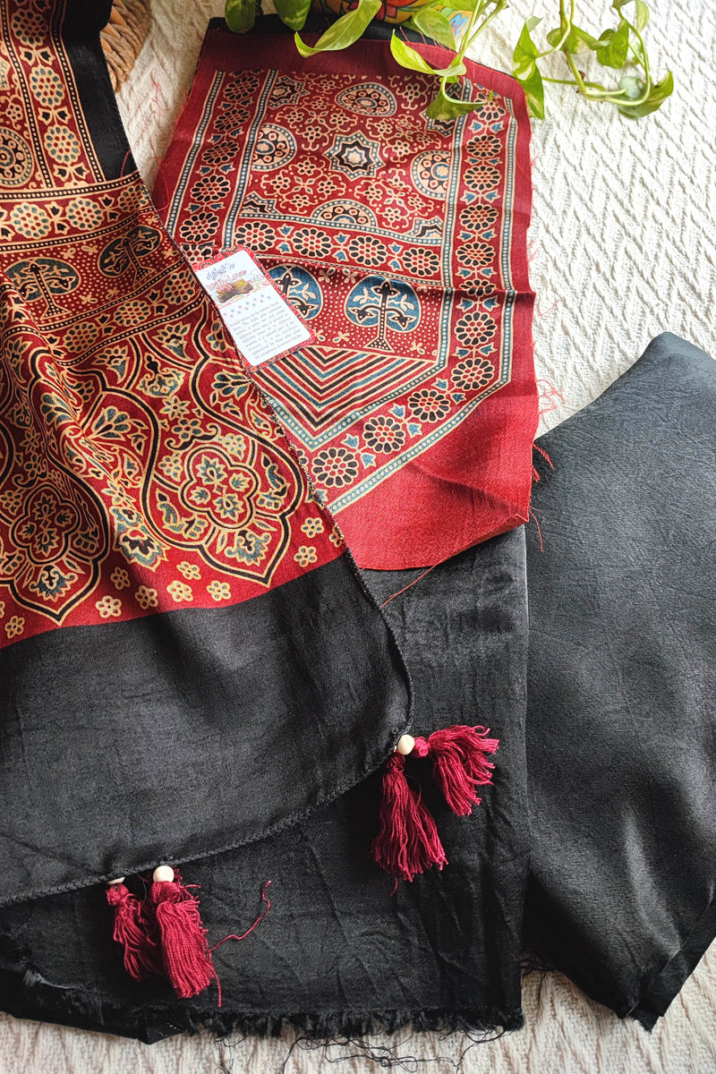 Maroon Ajrakh Print Gajji Silk Unstitched Suit Material with Black Dupatta