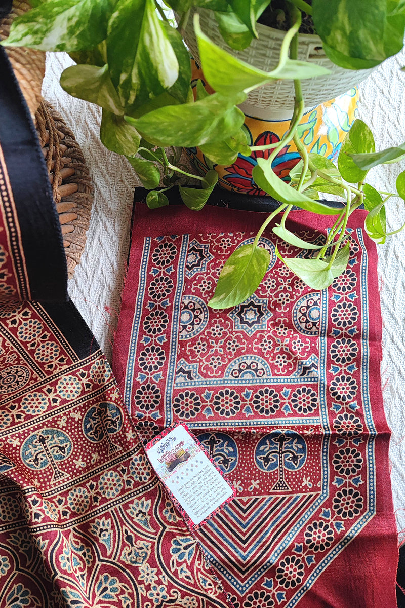 Maroon Ajrakh Print Gajji Silk Unstitched Suit Material with Black Dupatta