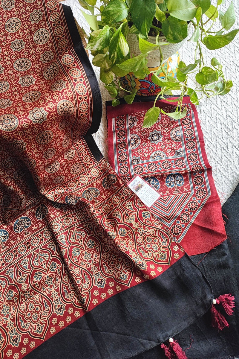 Maroon Ajrakh Print Gajji Silk Unstitched Suit Material with Black Dupatta