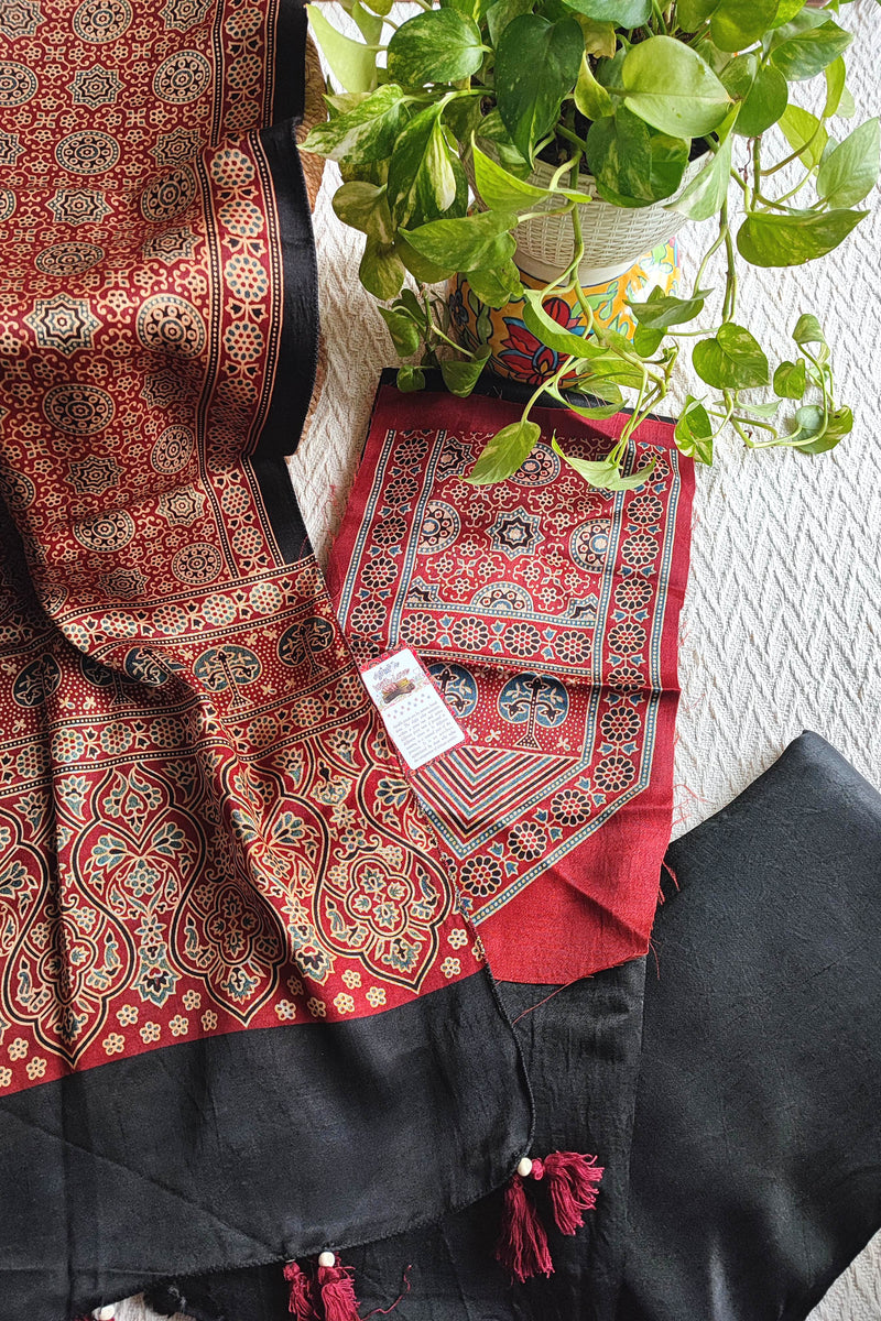 Maroon Ajrakh Print Gajji Silk Unstitched Suit Material with Black Dupatta