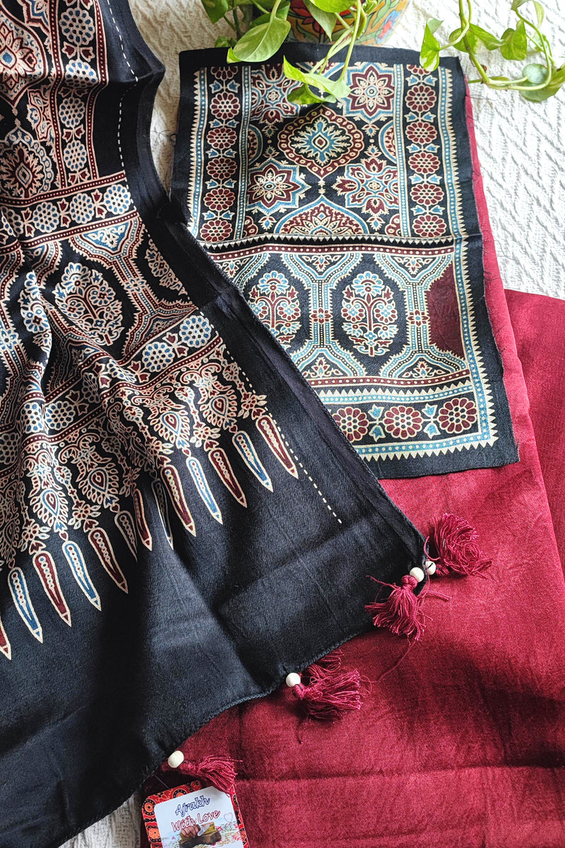 Black Ajrakh Print Gajji Silk Unstitched Suit Material with Contrast Dupatta