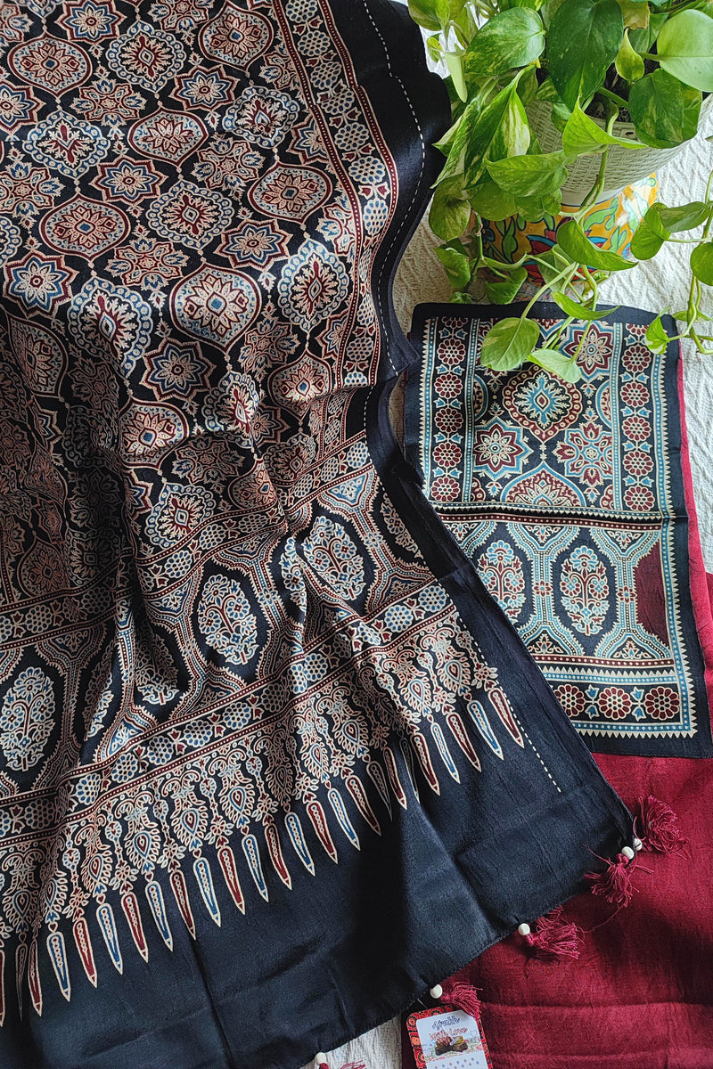 Black Ajrakh Print Gajji Silk Unstitched Suit Material with Contrast Dupatta