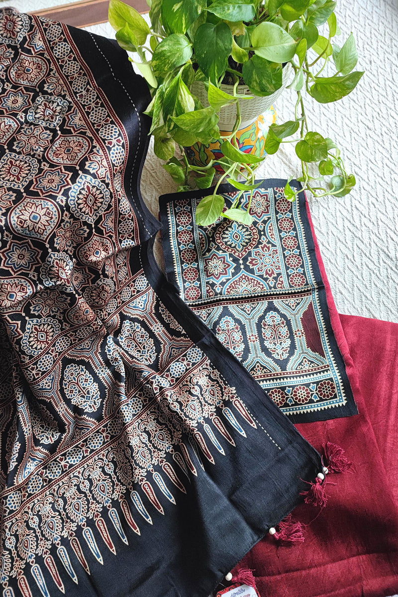 Black Ajrakh Print Gajji Silk Unstitched Suit Material with Contrast Dupatta