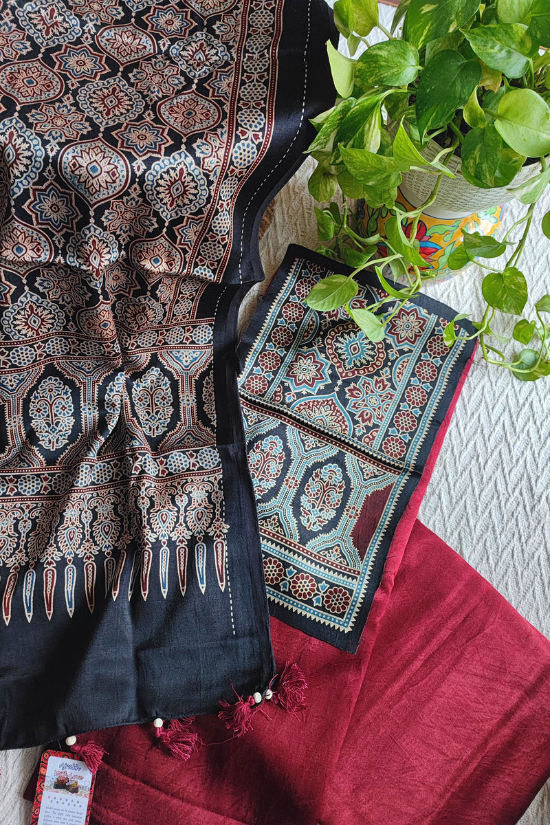 Black Ajrakh Print Gajji Silk Unstitched Suit Material with Contrast Dupatta