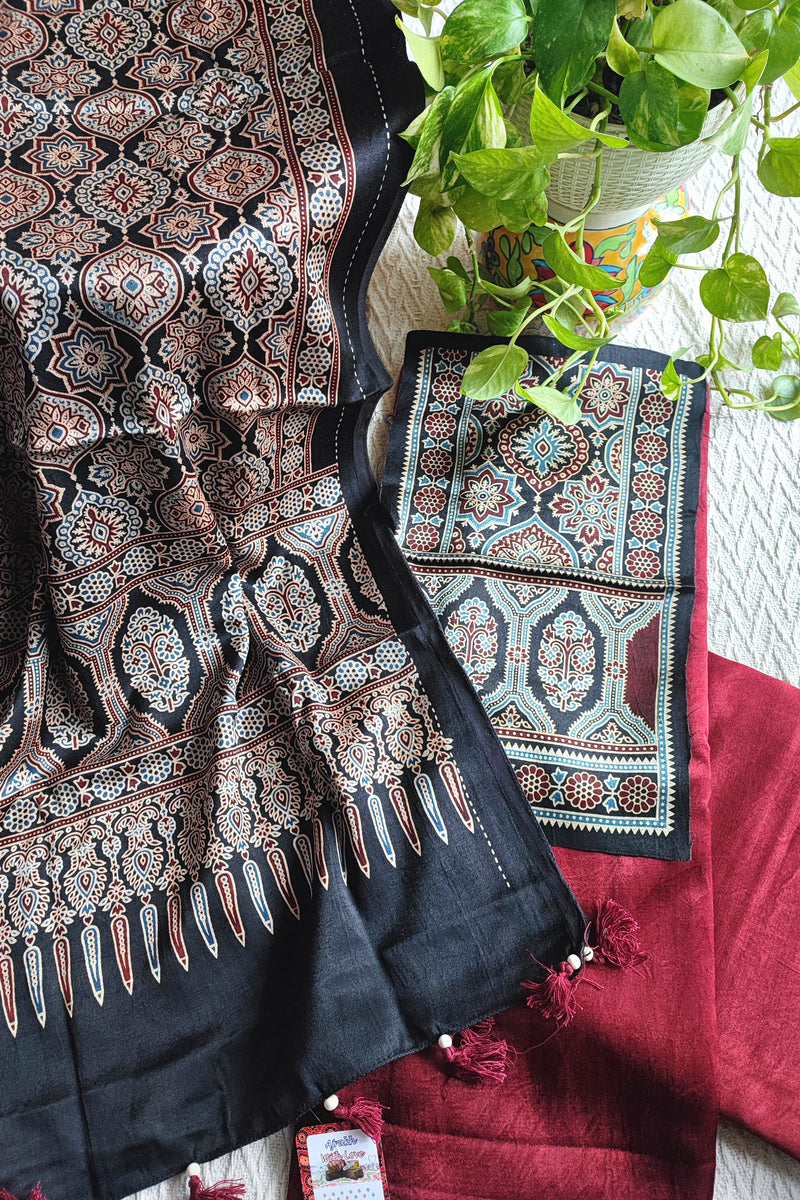 Black Ajrakh Print Gajji Silk Unstitched Suit Material with Contrast Dupatta