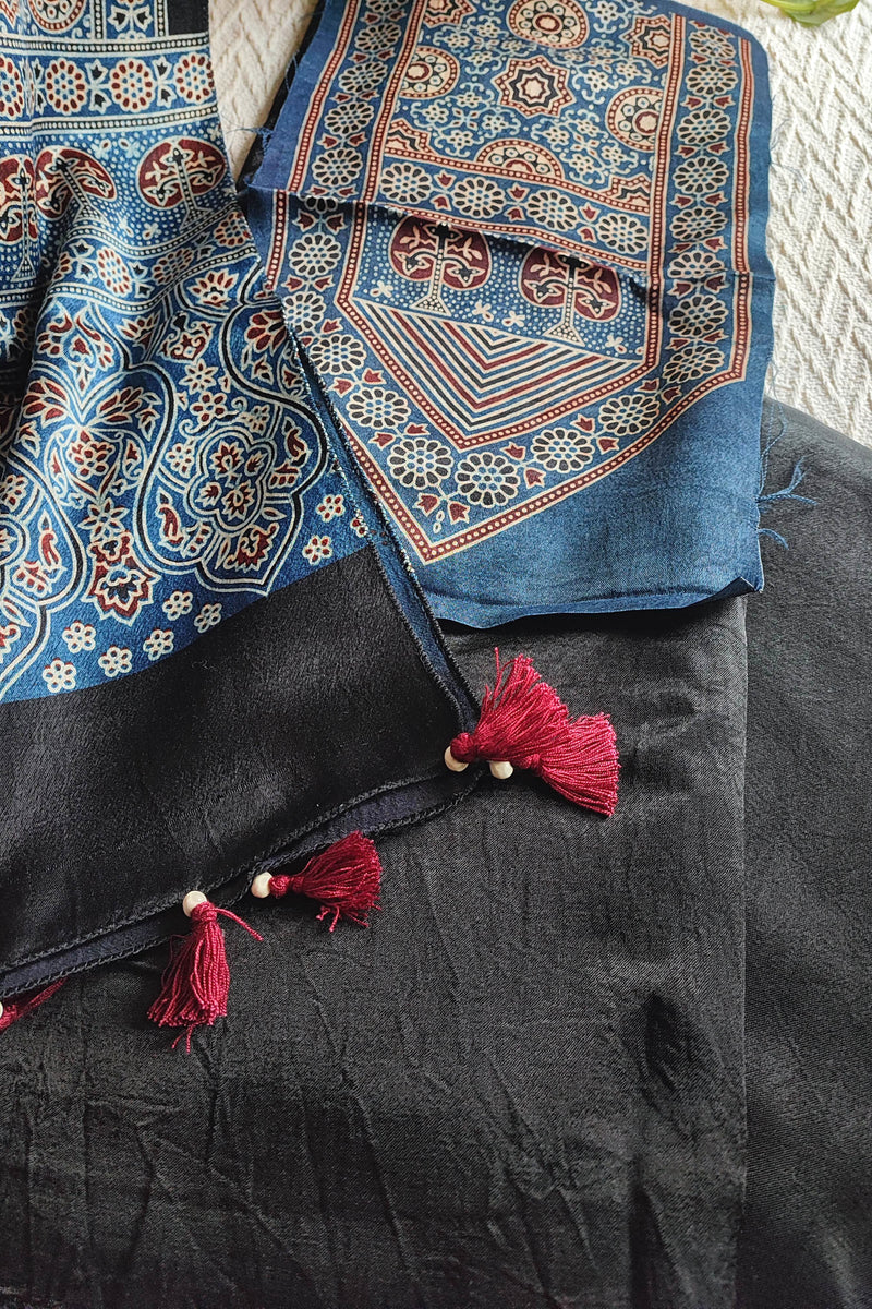 Blue Ajrakh Print Gajji Silk Unstitched Suit Material with Tassel Dupatta