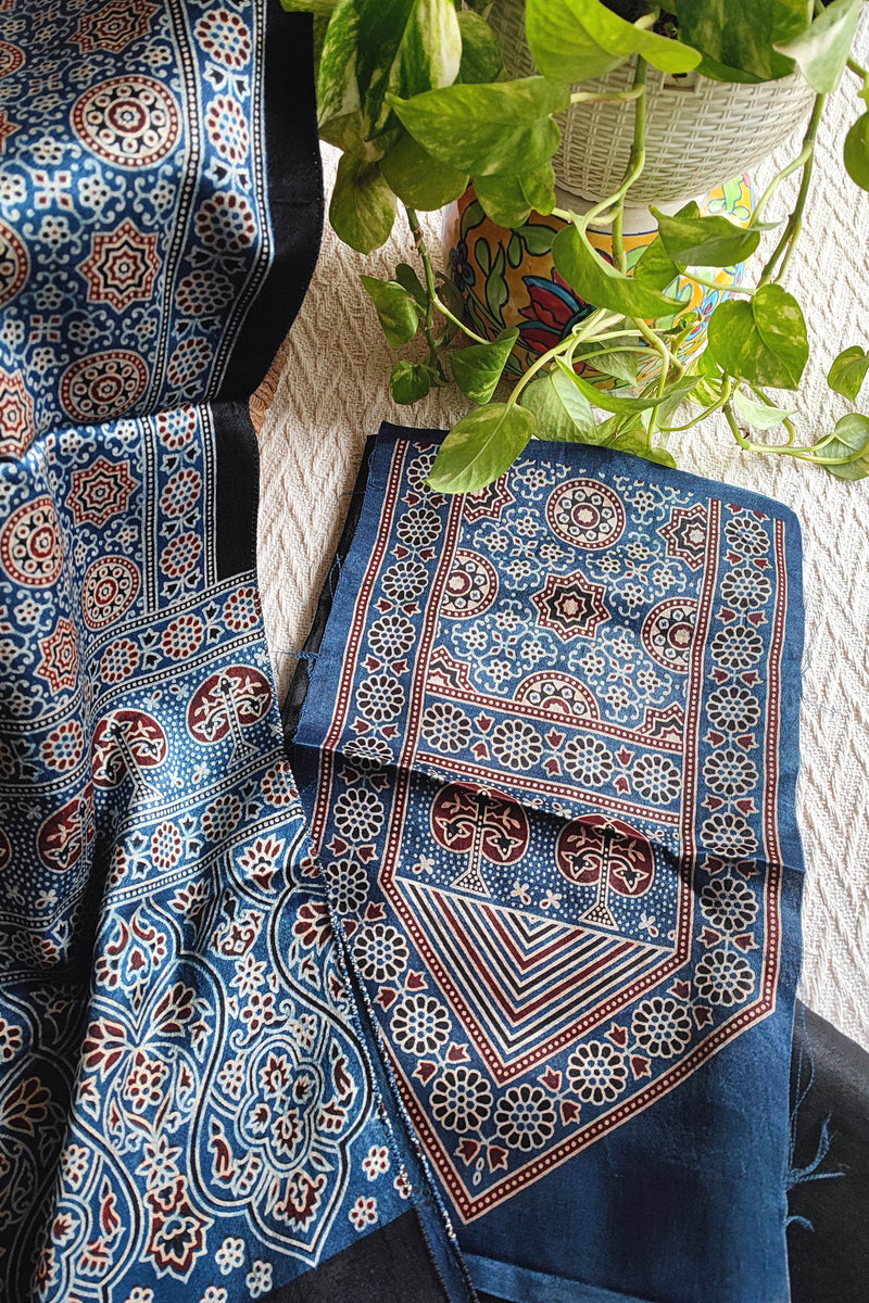 Blue Ajrakh Print Gajji Silk Unstitched Suit Material with Tassel Dupatta