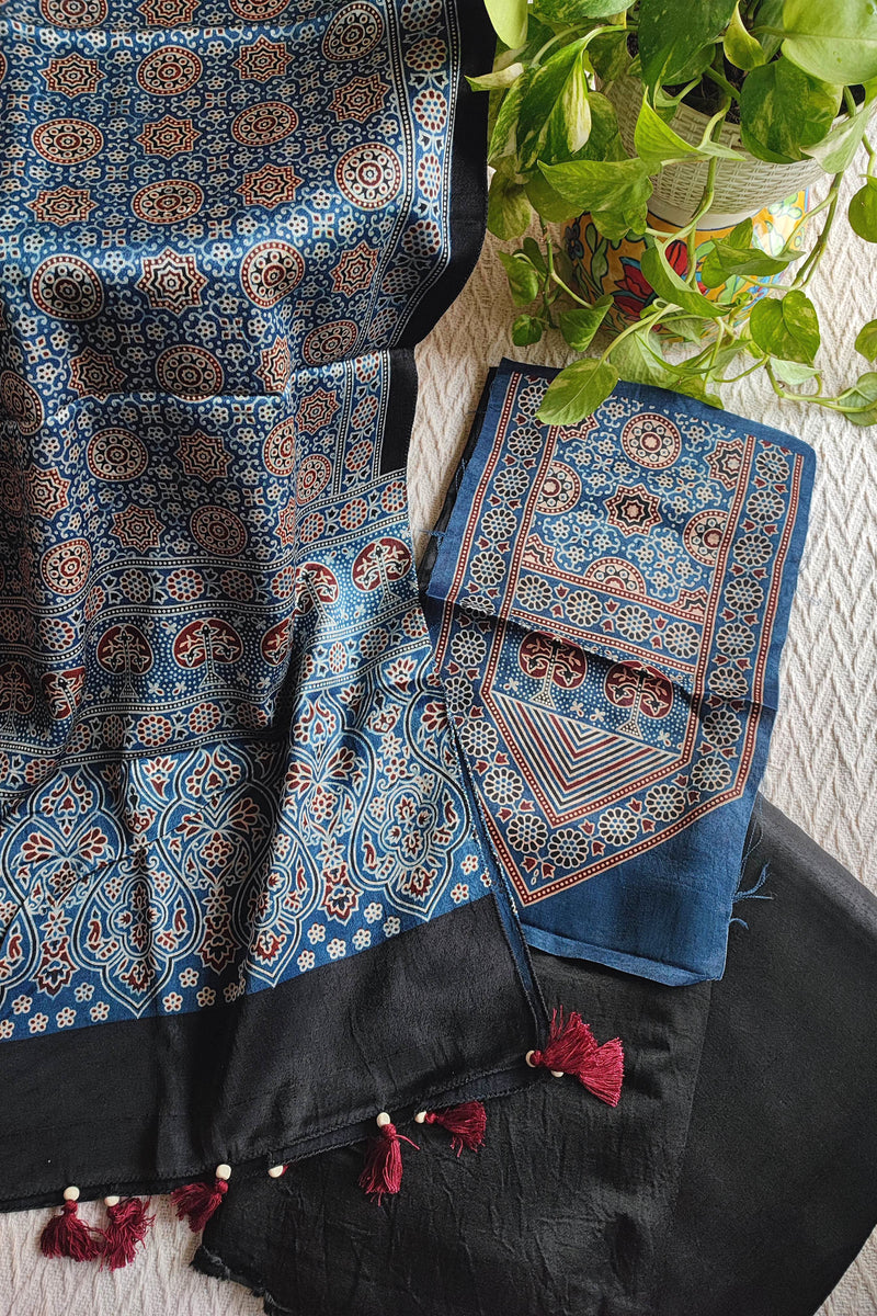 Blue Ajrakh Print Gajji Silk Unstitched Suit Material with Tassel Dupatta