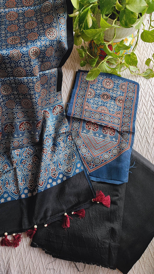 Blue Ajrakh Print Gajji Silk Unstitched Suit Material with Tassel Dupatta