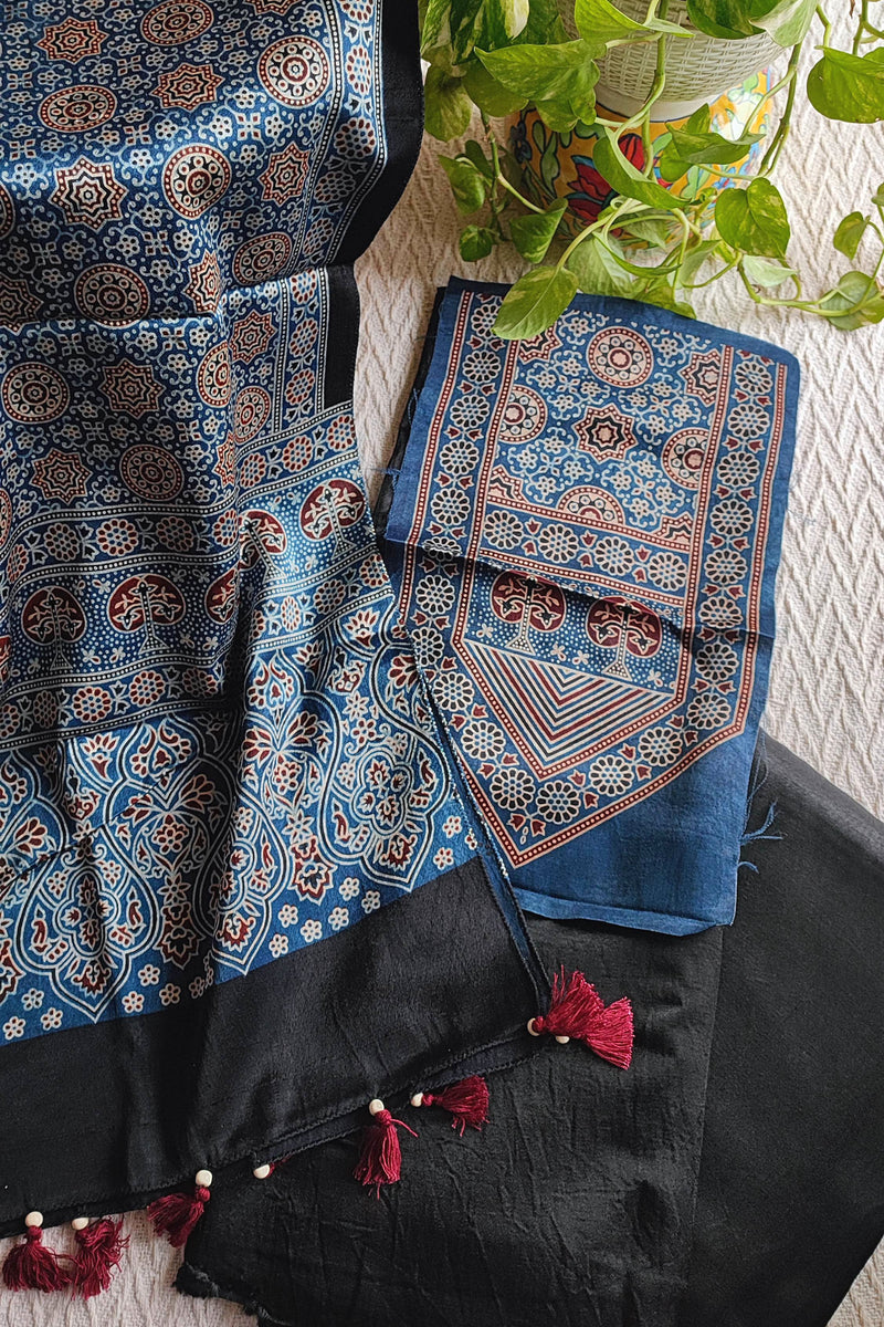 Blue Ajrakh Print Gajji Silk Unstitched Suit Material with Tassel Dupatta