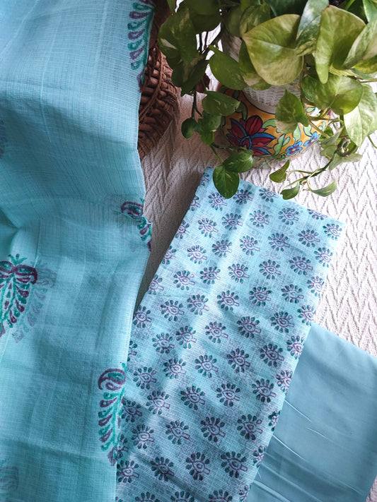 Aqua Blue Kota Printed Suit with Dupatta & Cotton Bottom