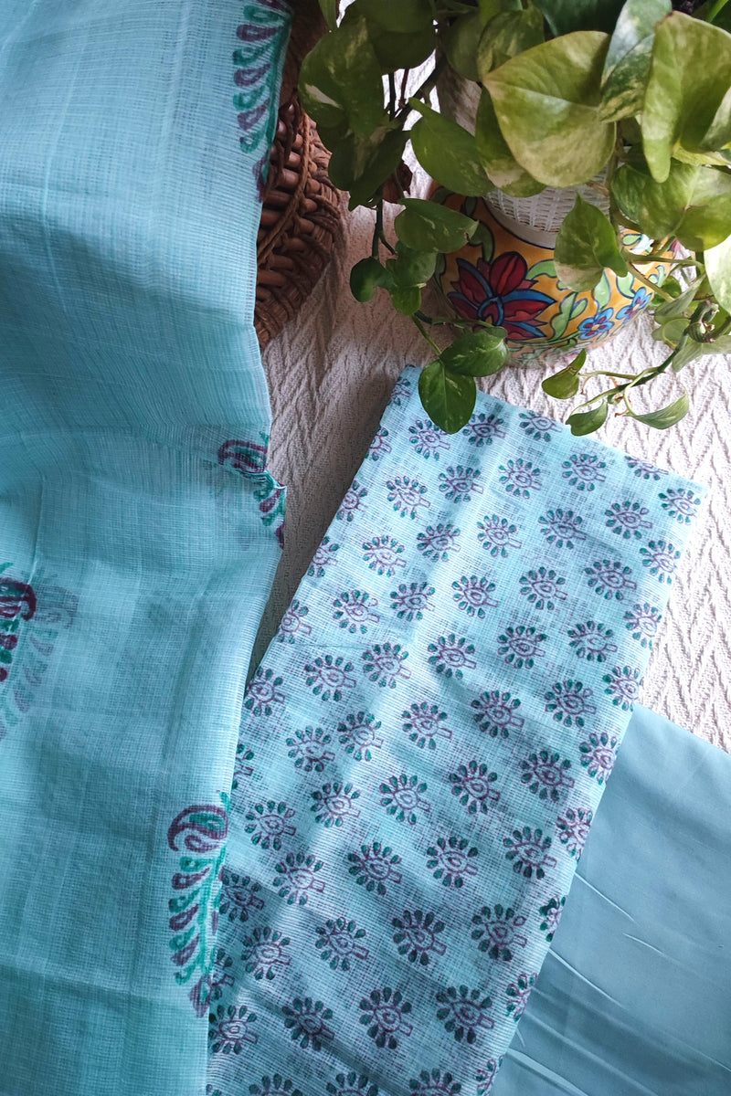Aqua Blue Kota Printed Suit with Dupatta & Cotton Bottom