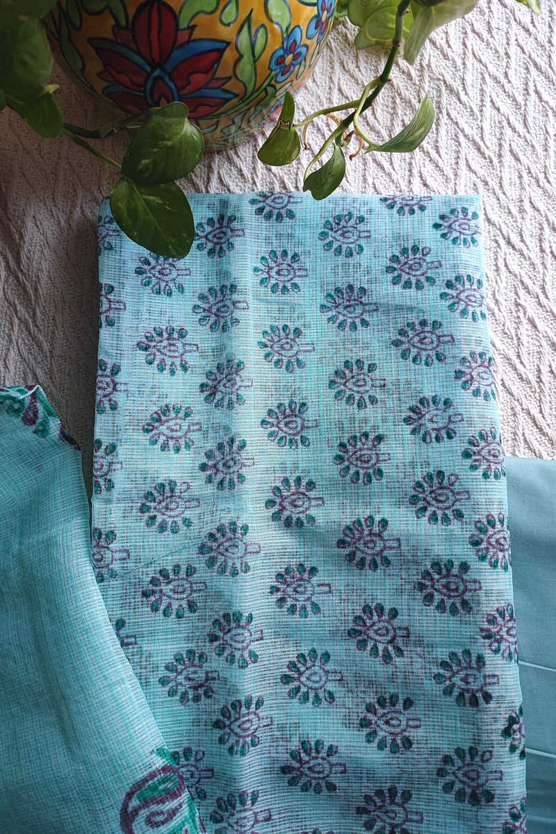 Aqua Blue Kota Printed Suit with Dupatta & Cotton Bottom
