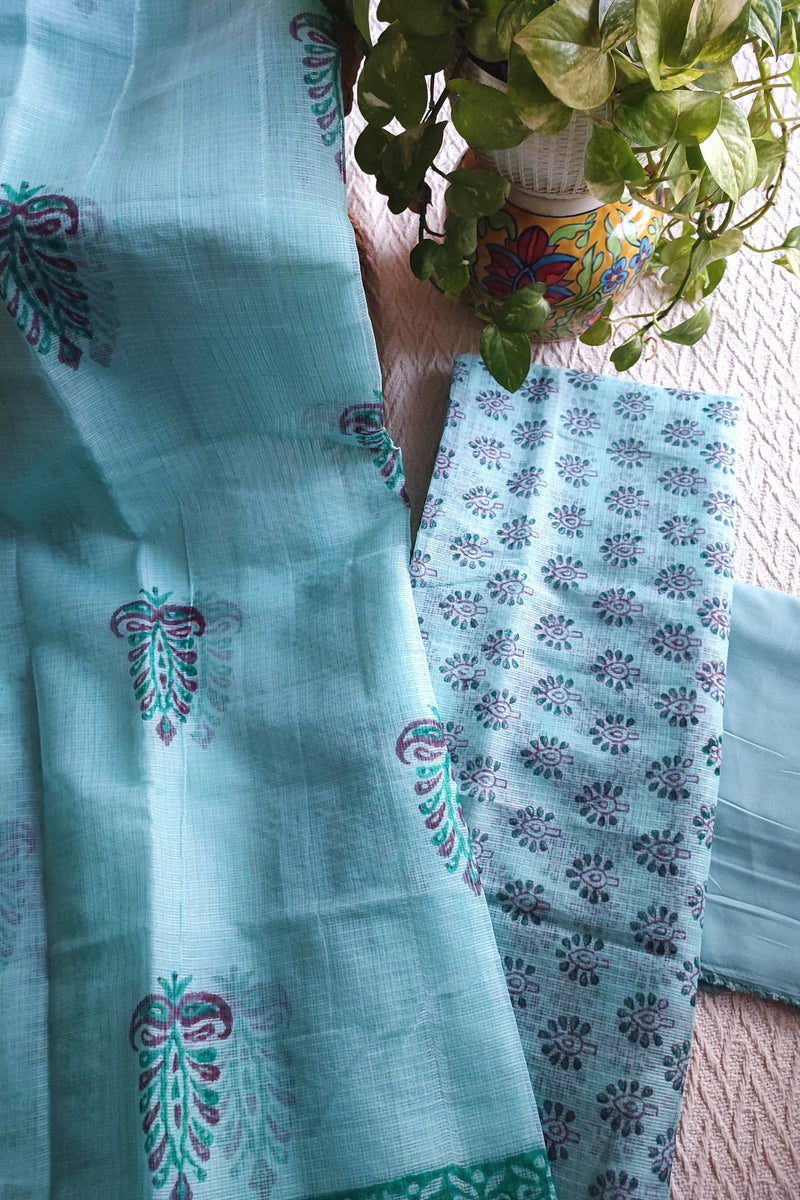 Aqua Blue Kota Printed Suit with Dupatta & Cotton Bottom