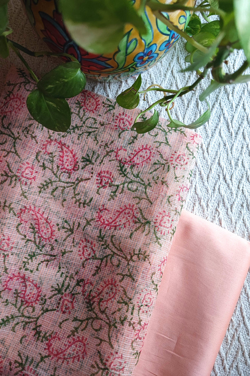 Peach Floral Kota Suit with Printed Dupatta & Cotton Bottom