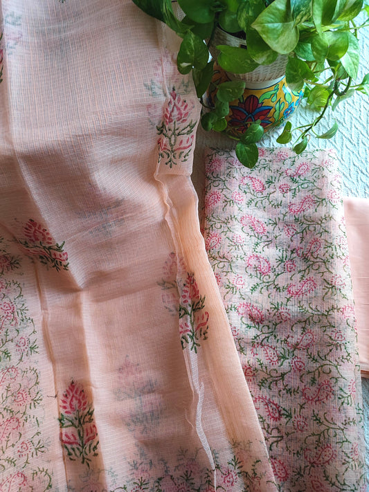 Peach Floral Kota Suit with Printed Dupatta & Cotton Bottom
