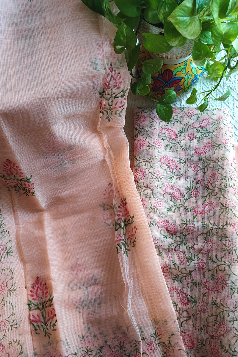 Peach Floral Kota Suit with Printed Dupatta & Cotton Bottom