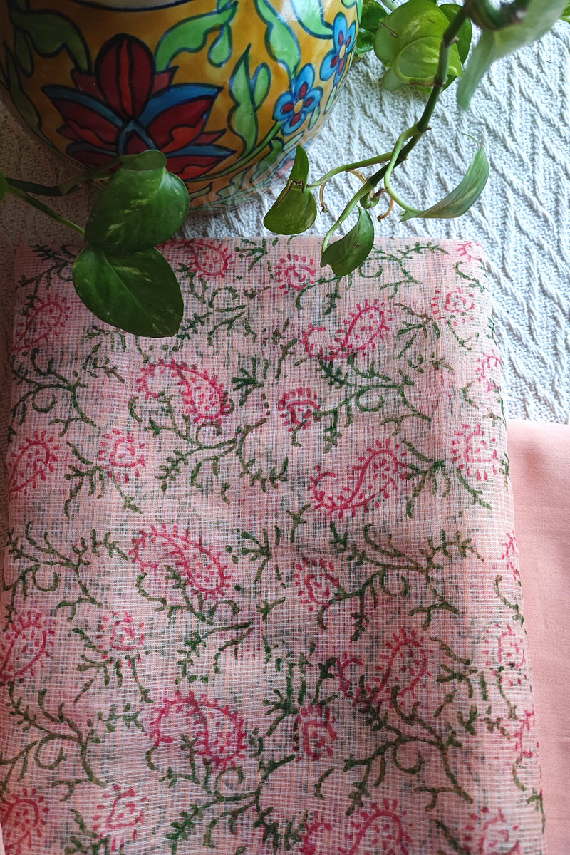 Peach Floral Kota Suit with Printed Dupatta & Cotton Bottom