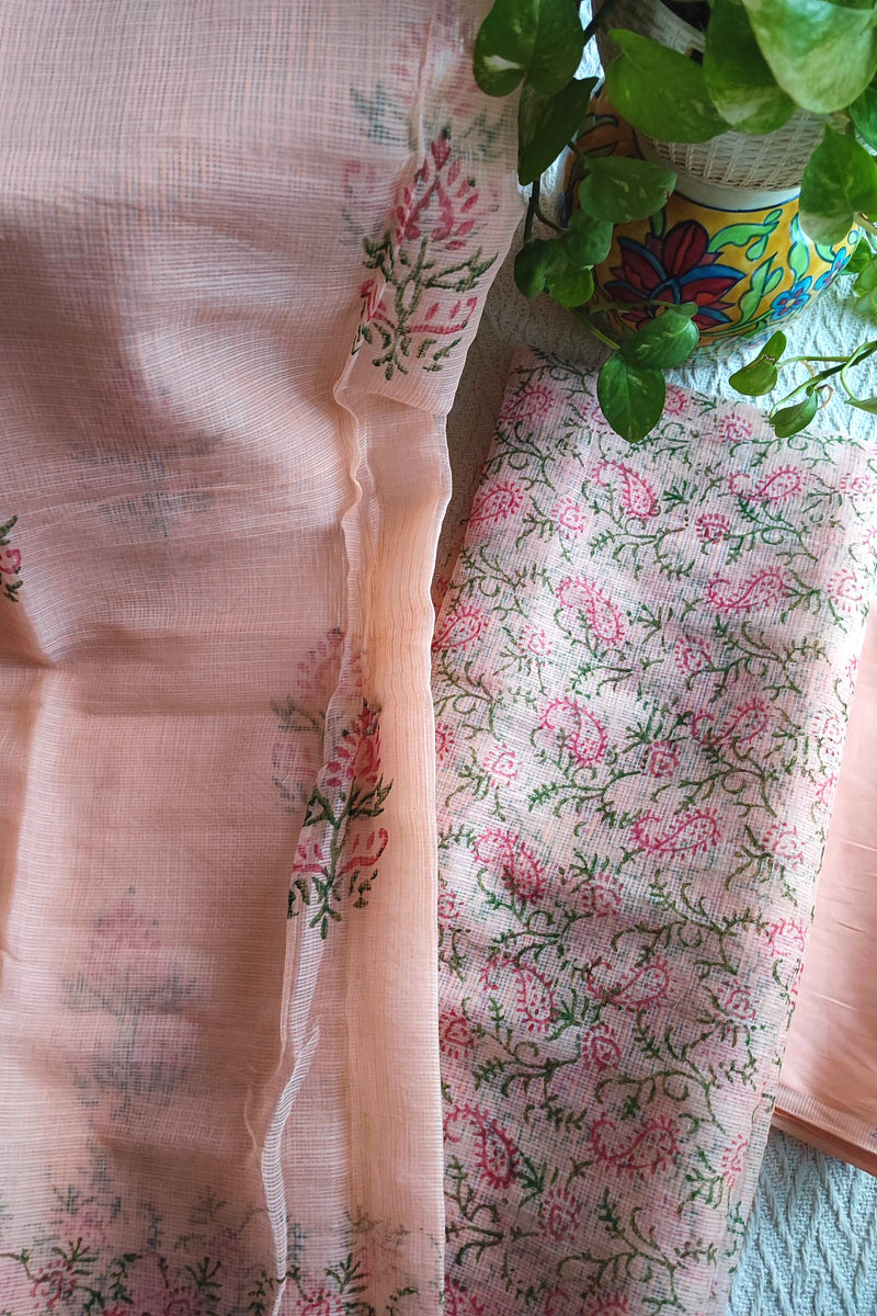 Peach Floral Kota Suit with Printed Dupatta & Cotton Bottom