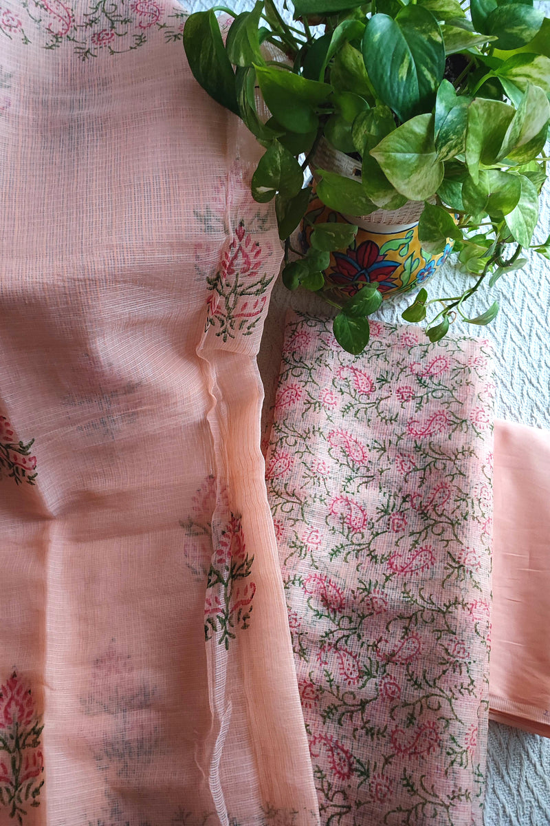 Peach Floral Kota Suit with Printed Dupatta & Cotton Bottom