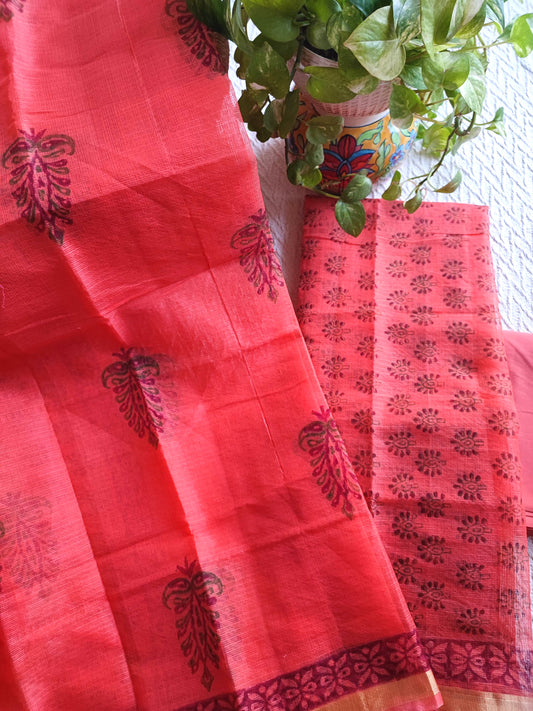 Coral Peach Kota Printed Suit with Dupatta & Cotton Bottom