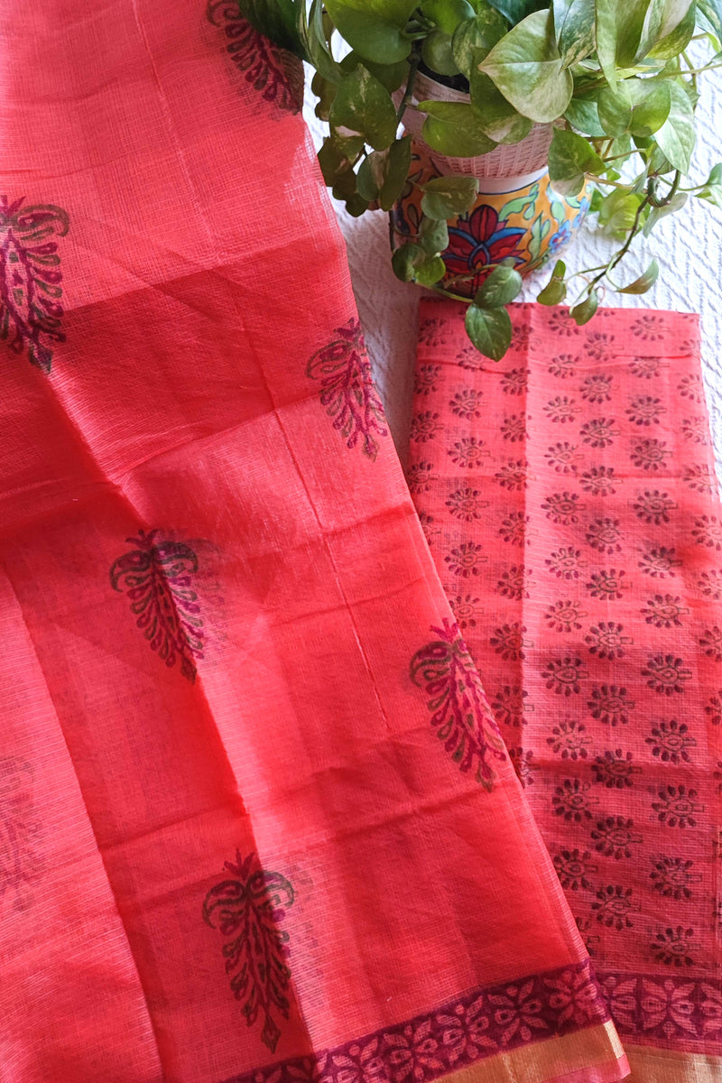 Coral Peach Kota Printed Suit with Dupatta & Cotton Bottom