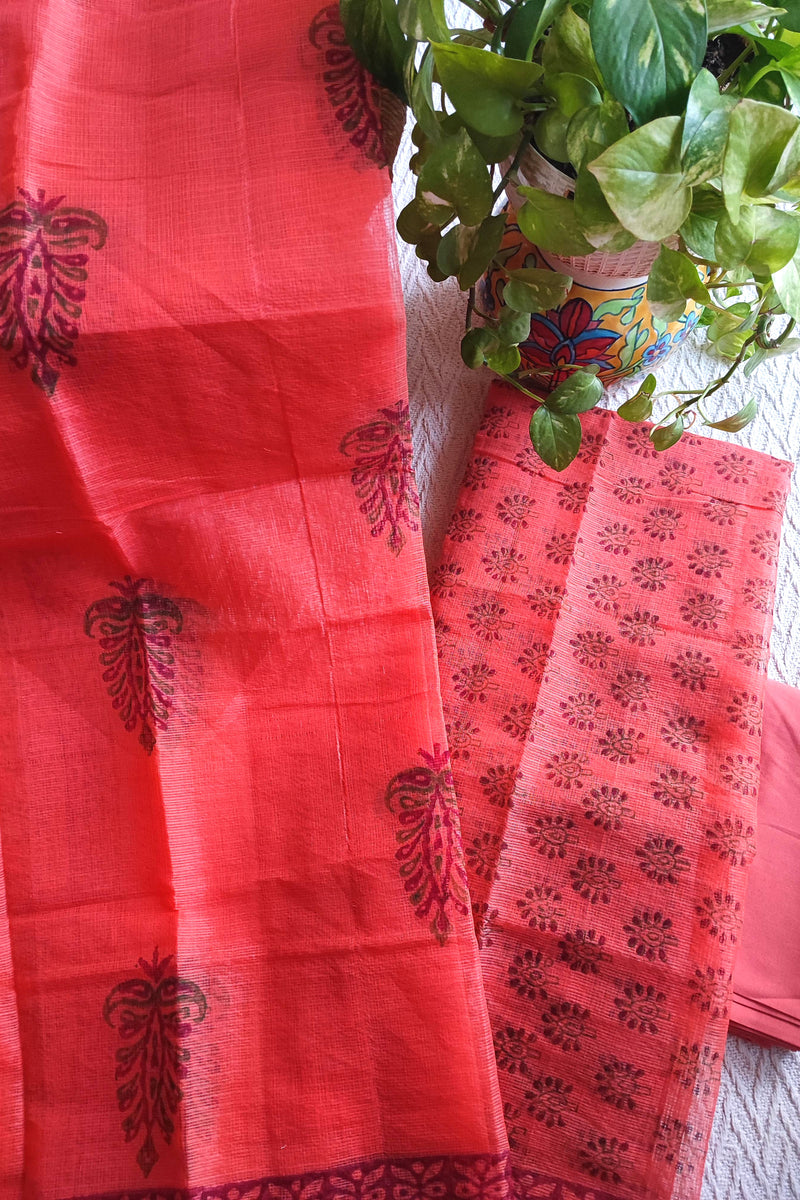 Coral Peach Kota Printed Suit with Dupatta & Cotton Bottom