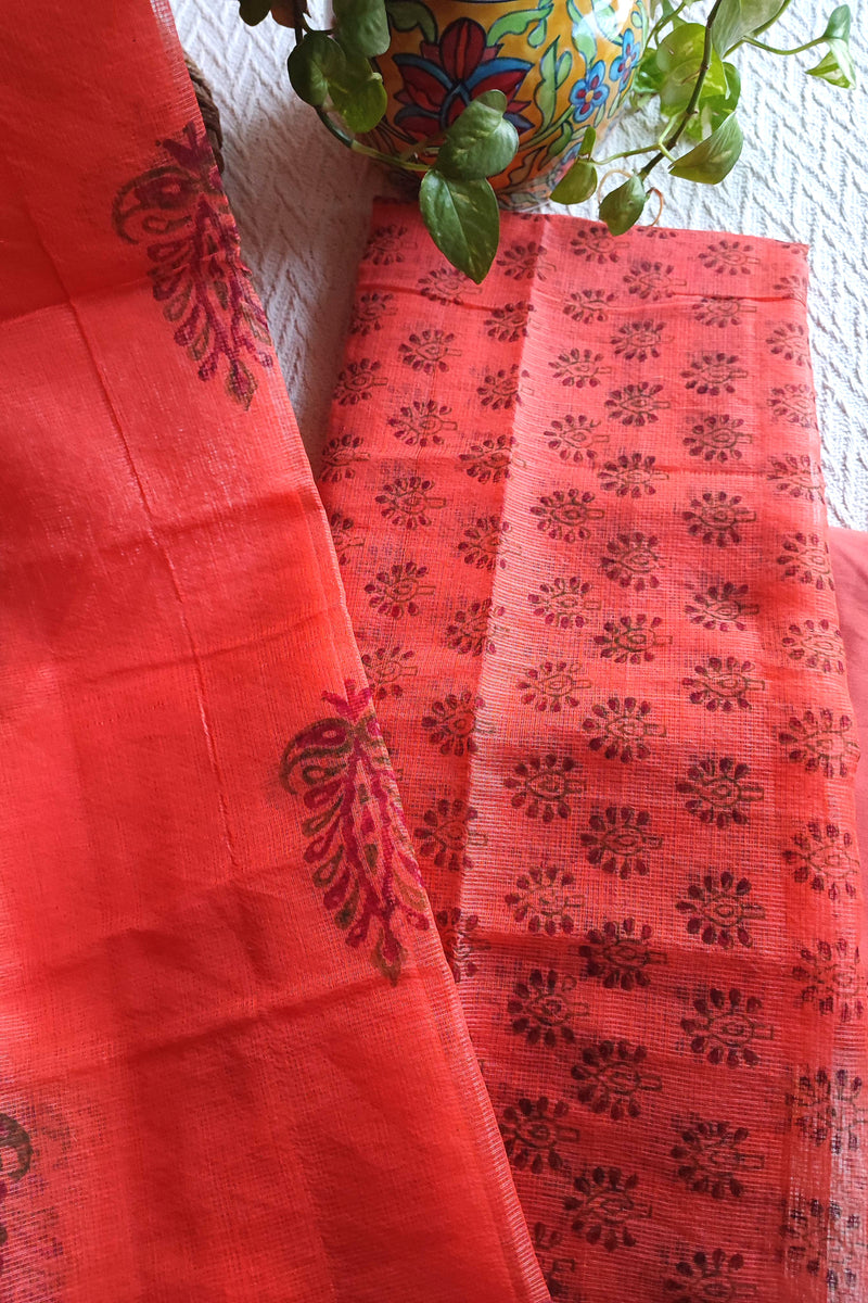 Coral Peach Kota Printed Suit with Dupatta & Cotton Bottom