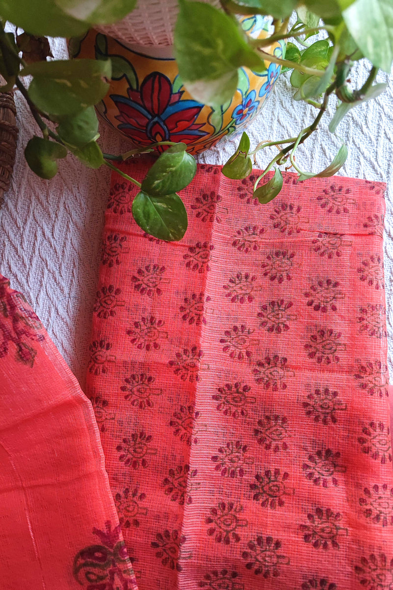 Coral Peach Kota Printed Suit with Dupatta & Cotton Bottom