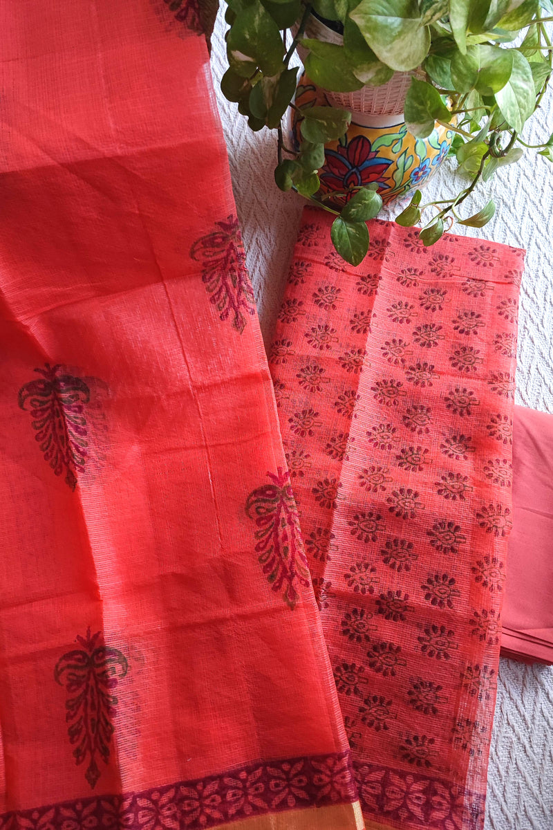 Coral Peach Kota Printed Suit with Dupatta & Cotton Bottom