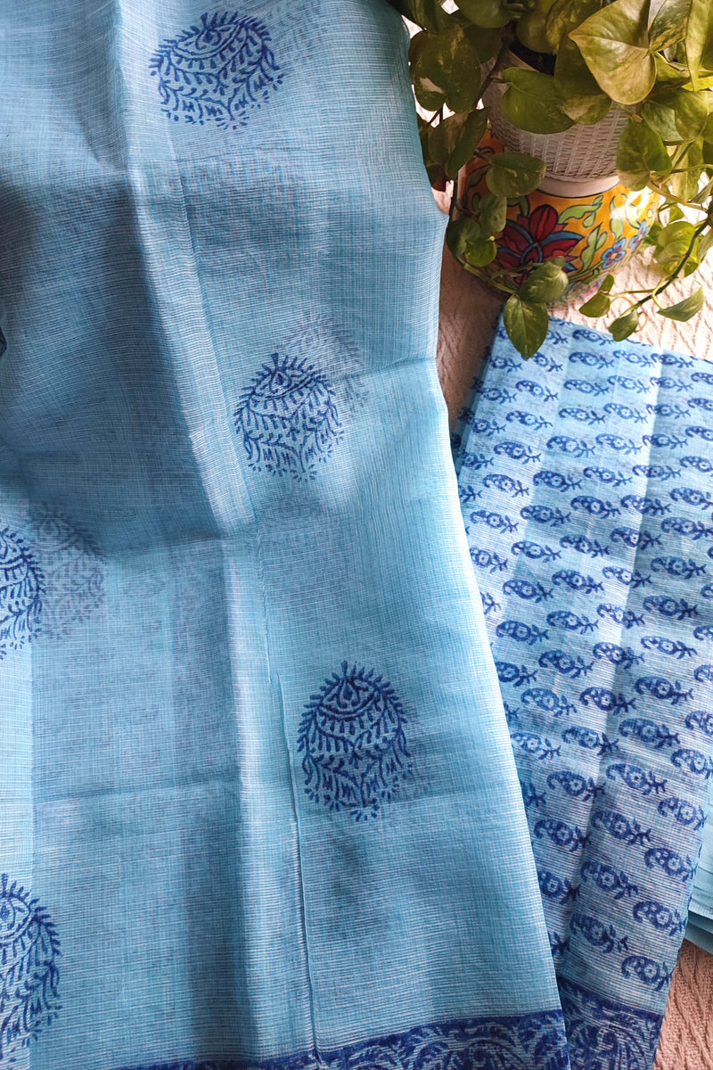 Sky Blue Kota Printed Suit with Coordinated Dupatta & Cotton Bottom