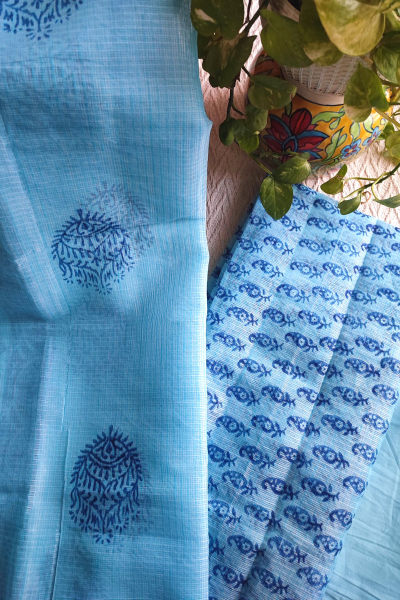 Sky Blue Kota Printed Suit with Coordinated Dupatta & Cotton Bottom