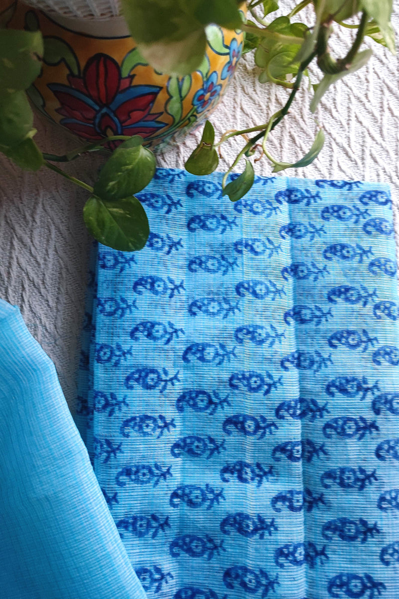 Sky Blue Kota Printed Suit with Coordinated Dupatta & Cotton Bottom