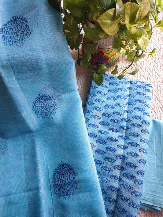 Sky Blue Kota Printed Suit with Coordinated Dupatta & Cotton Bottom