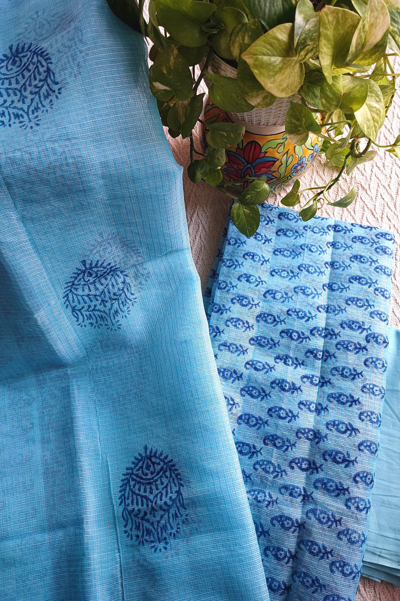 Sky Blue Kota Printed Suit with Coordinated Dupatta & Cotton Bottom