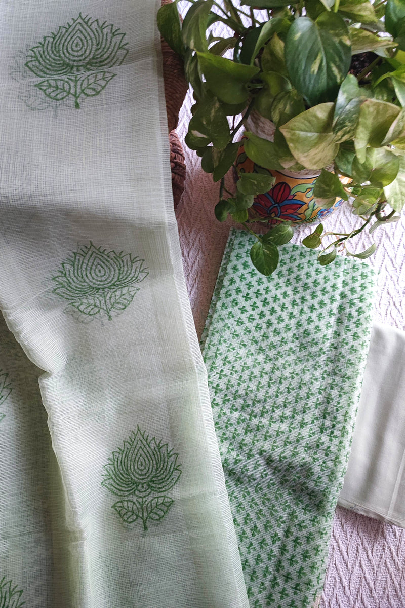 Mint Green Kota Suit with Botanical Print & Cotton Bottom