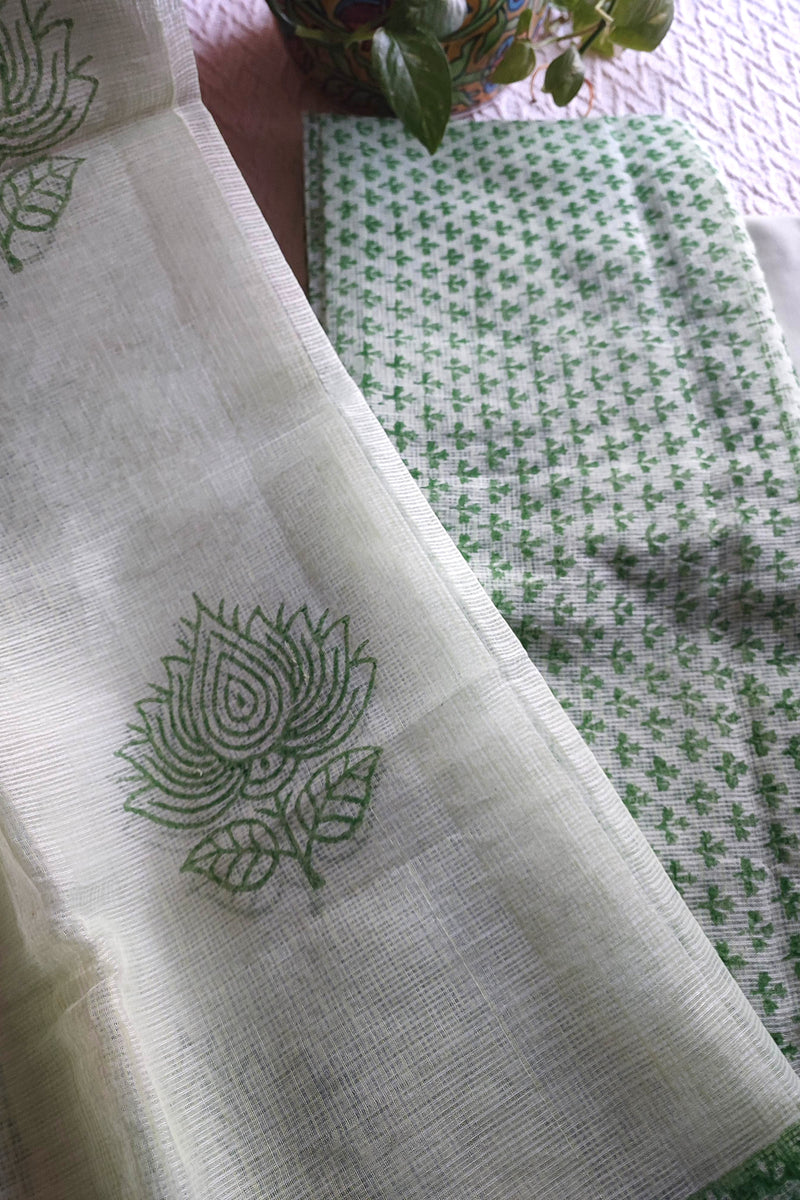 Mint Green Kota Suit with Botanical Print & Cotton Bottom