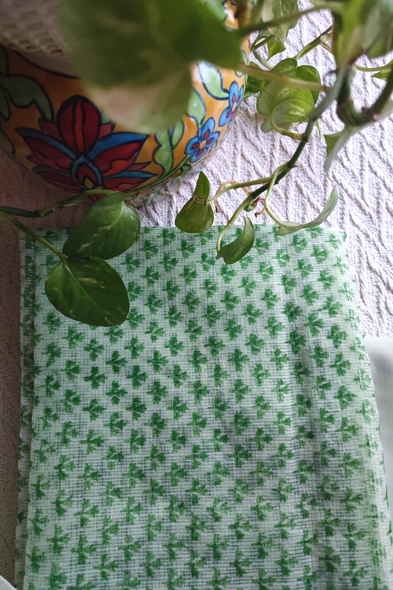 Mint Green Kota Suit with Botanical Print & Cotton Bottom