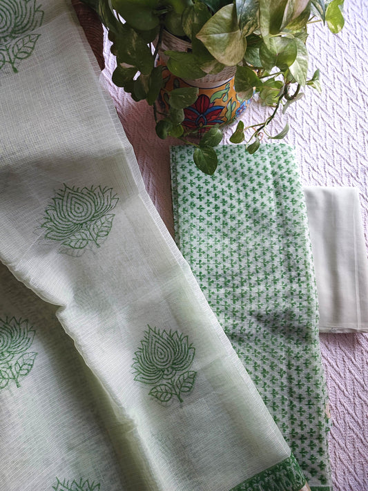Mint Green Kota Suit with Botanical Print & Cotton Bottom