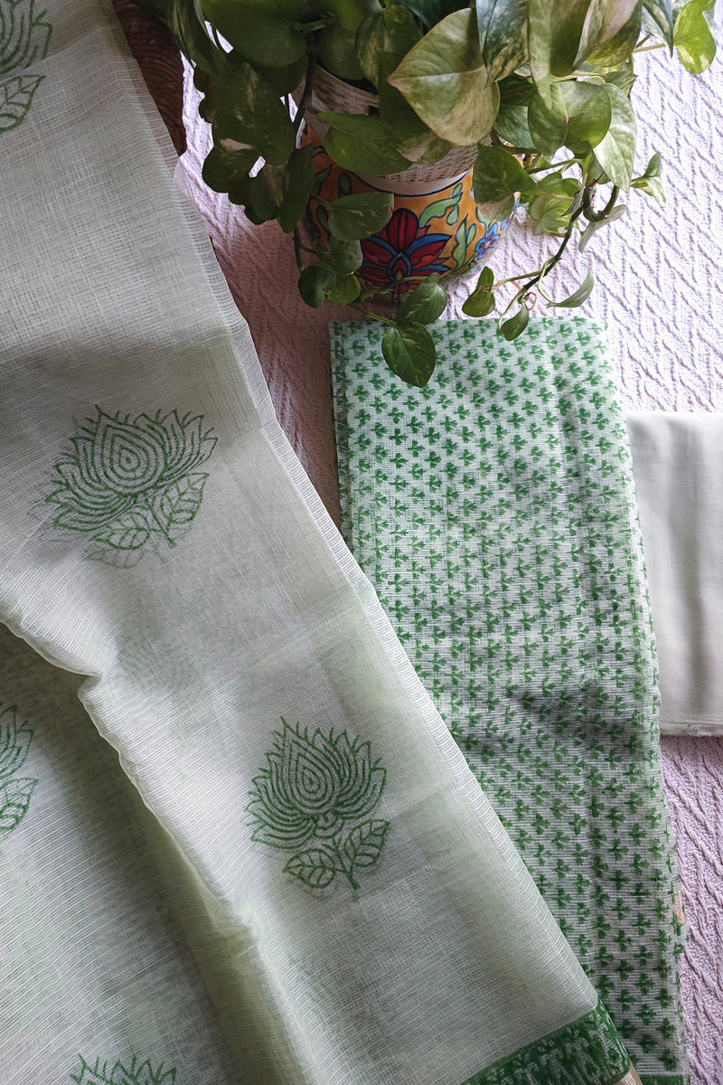 Mint Green Kota Suit with Botanical Print & Cotton Bottom