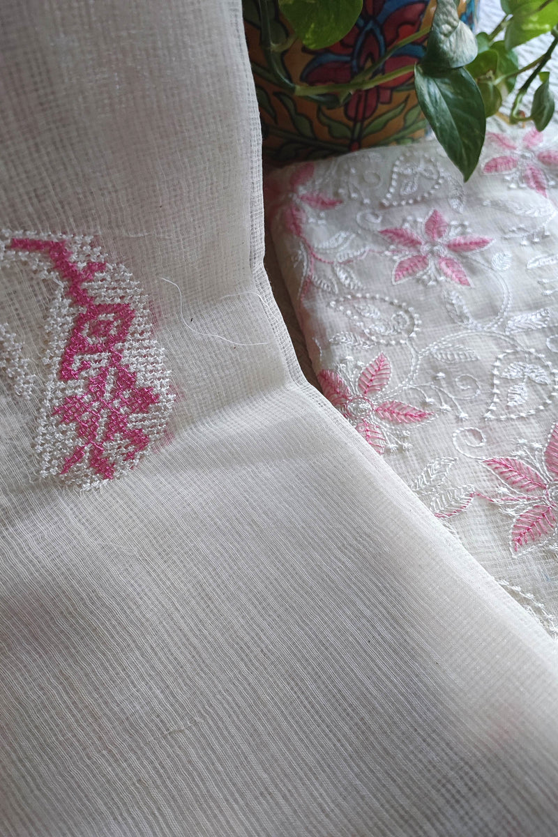Off White Kota Embroidered Suit with Pink Floral Work & Cotton Bottom